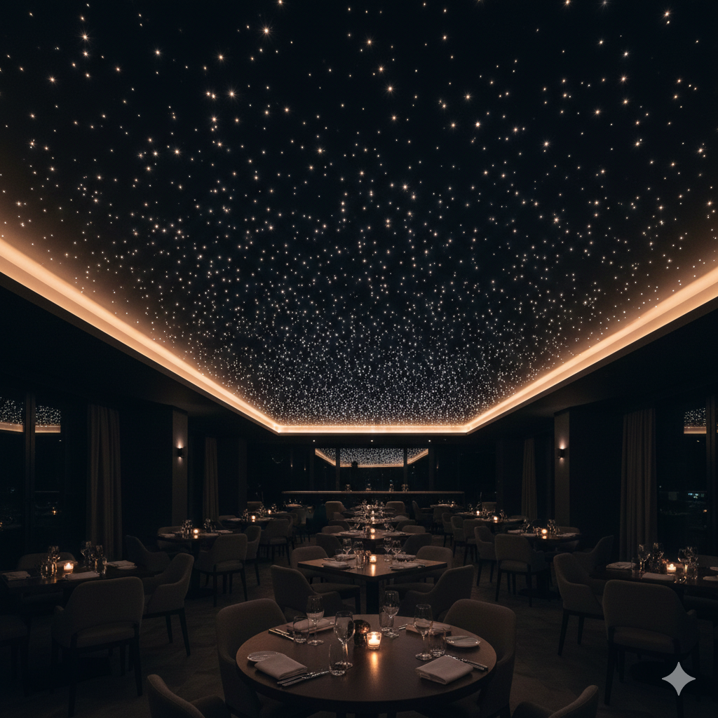 Commercial starlight ceiling installation in an upscale restaurant with LED star effects and warm lighting