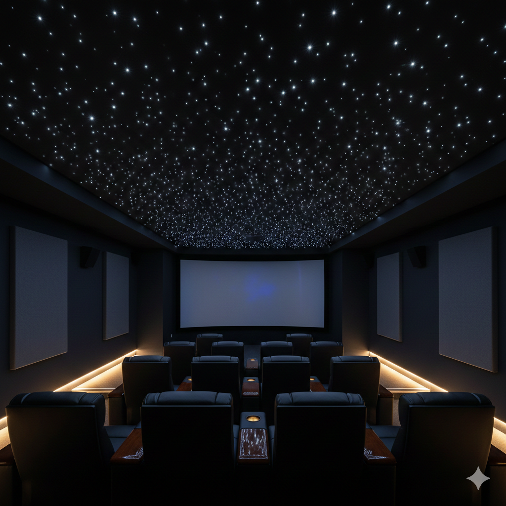 Fiber optic star ceiling installation with LED starlight effects in a luxury home theater