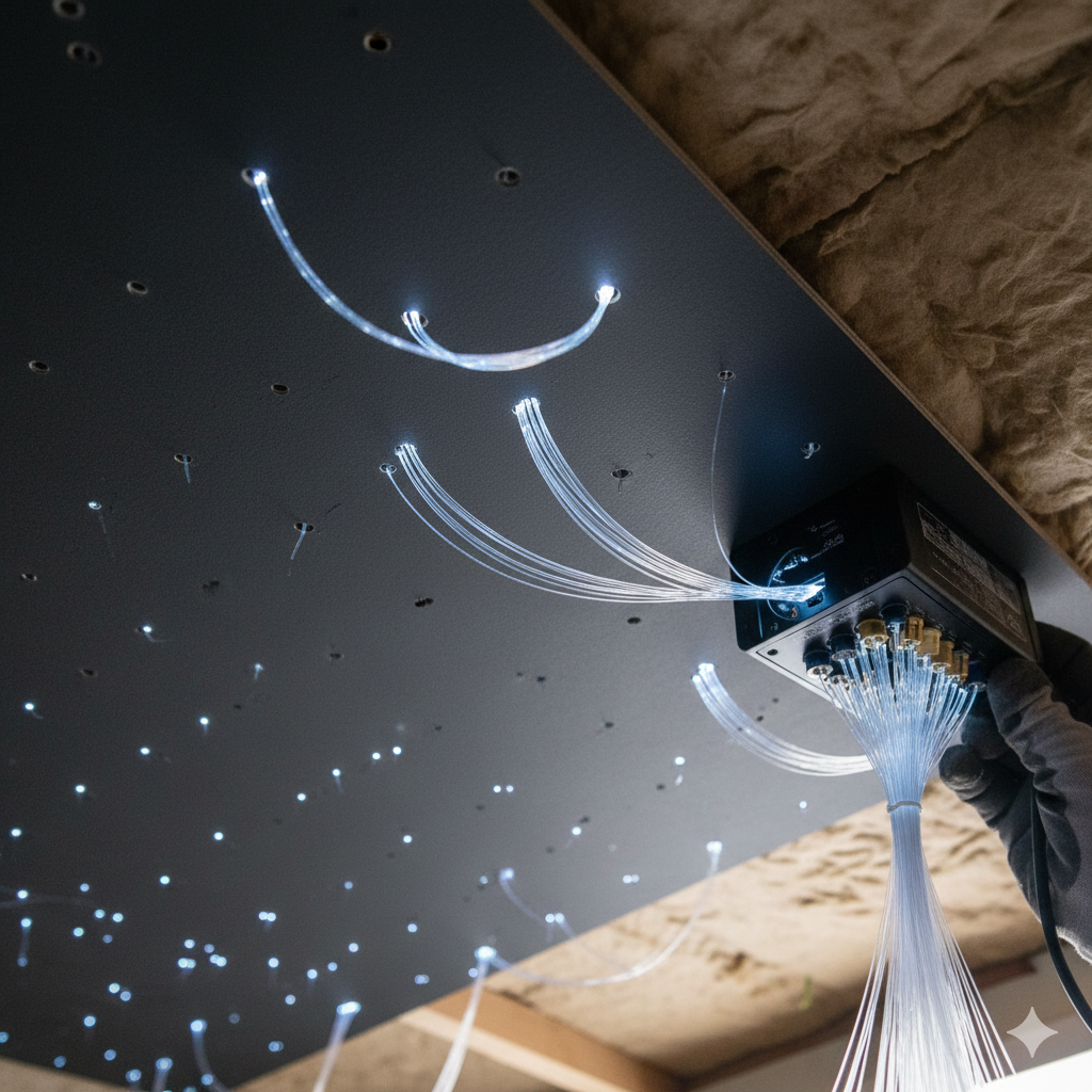 Fiber optic star ceiling installation process showing strands threaded through ceiling panel connected to LED light engine