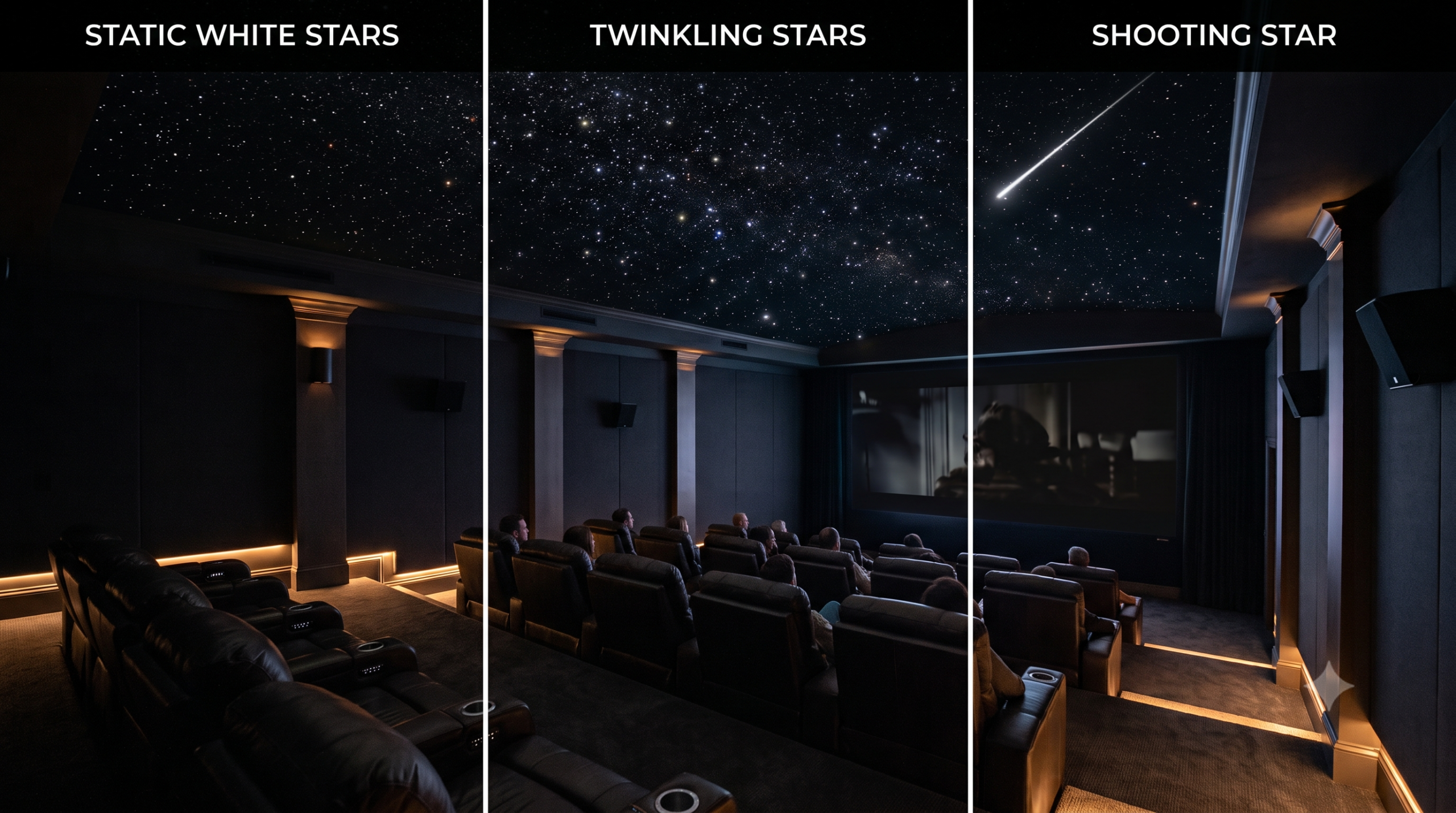 Star ceiling effects comparison showing static stars versus twinkling stars versus shooting star meteor effect