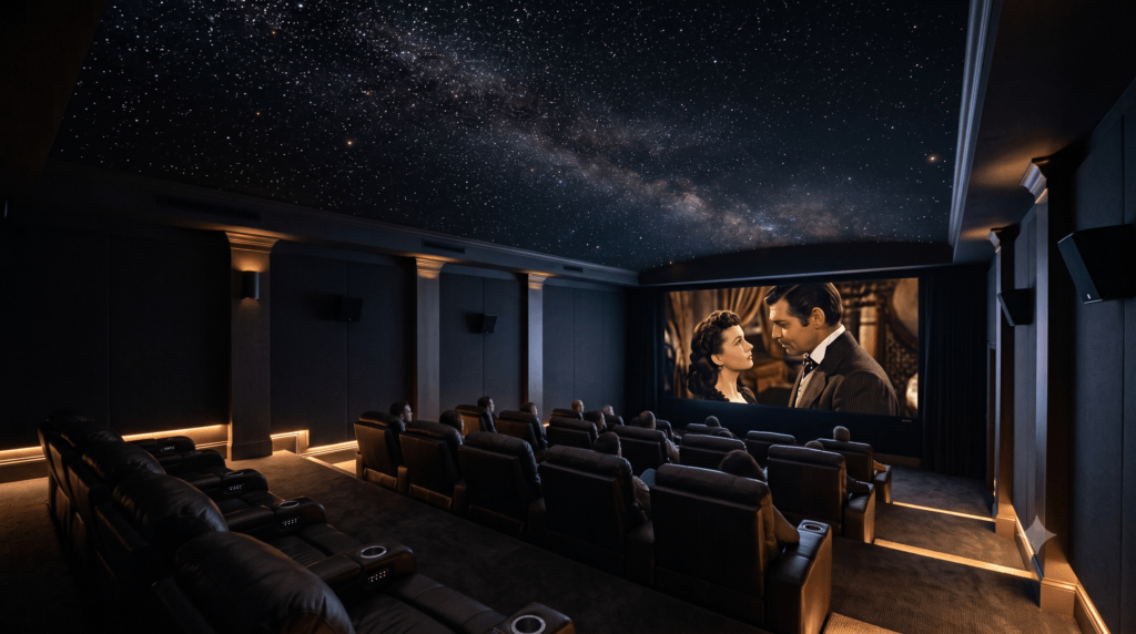 Star light effect ceiling with twinkling fiber optic LED stars and Milky Way band in a luxury home theater