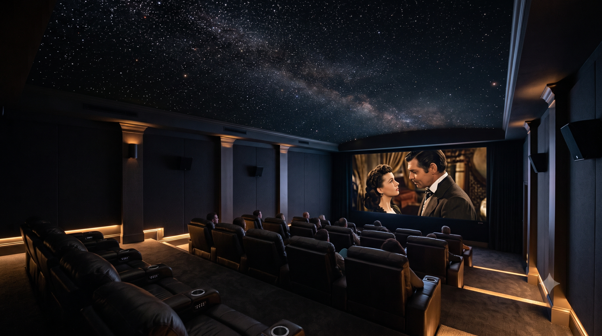 Star light effect ceiling with twinkling fiber optic LED stars and Milky Way band in a luxury home theater