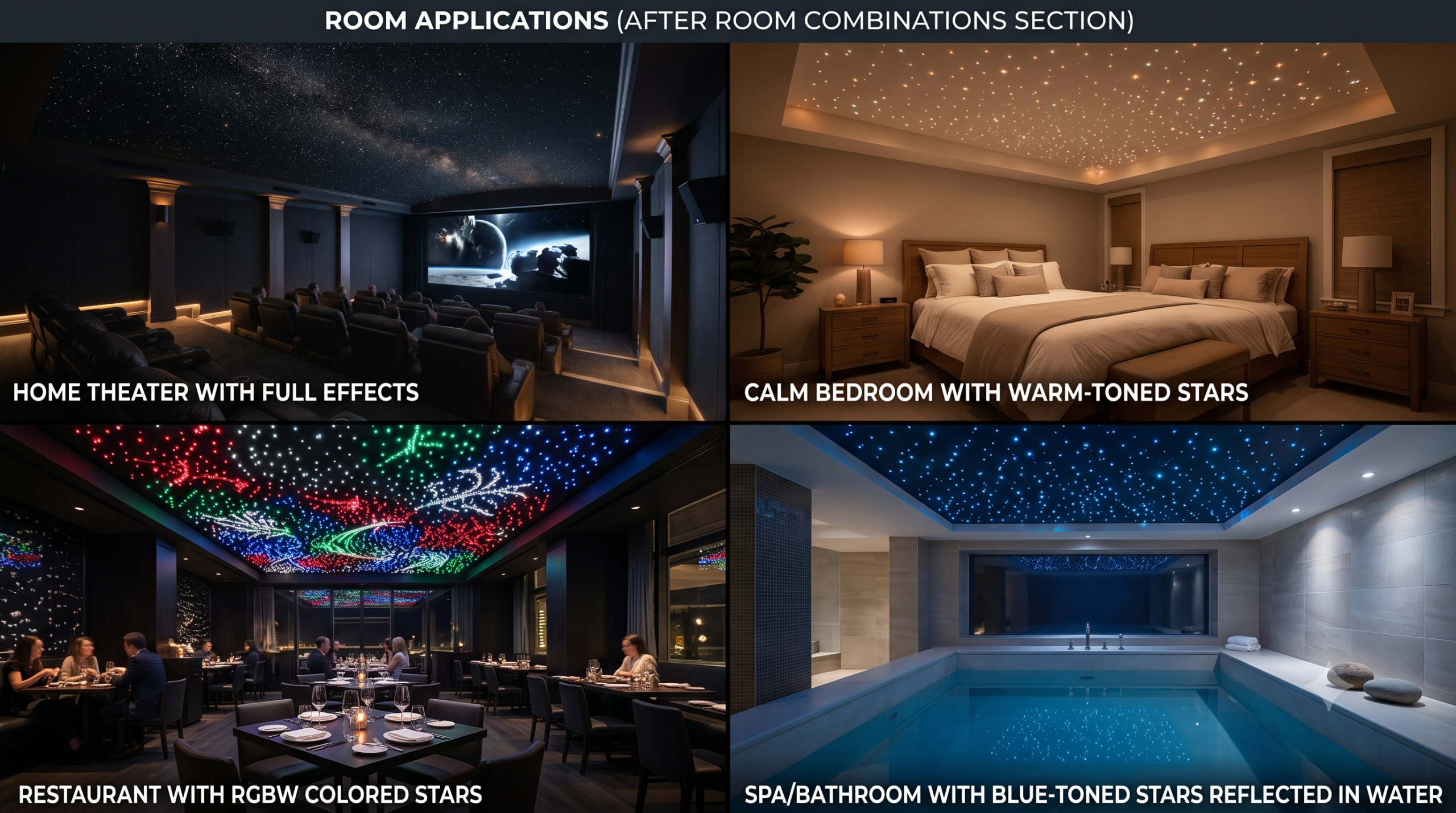 Star light effect ceiling installations in home theater, bedroom, restaurant, and spa showing different LED starlight effects