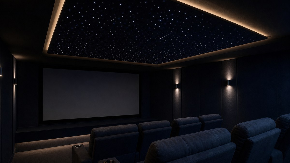 Home theater with fabric-wrapped acoustic star ceiling panels forming a floating cloud with a soft amber perimeter glow