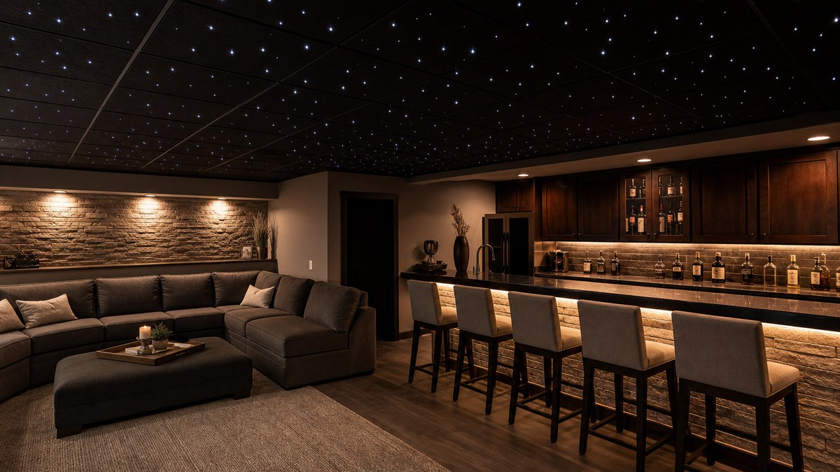 Finished basement lounge with a star tile drop ceiling showing twinkling fiber optic stars