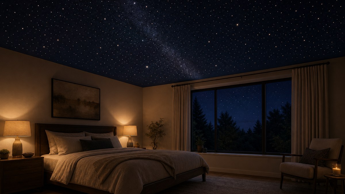 DIY star ceiling in a dark bedroom with fiber optic stars of different brightness glowing across a navy ceiling
