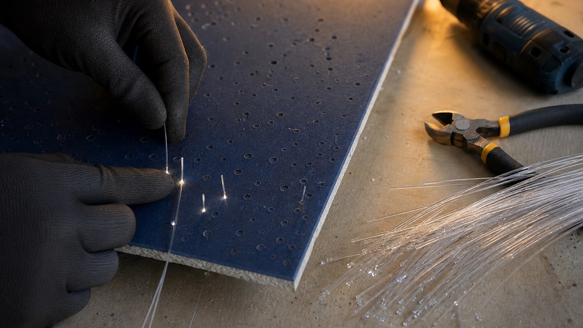 Hands threading fiber optic strands through small holes in a ceiling tile during a DIY star ceiling kit installation