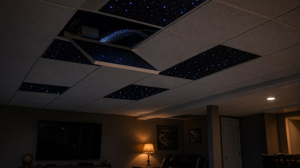 Basement drop ceiling grid with fiber optic star tiles installed and fiber bundles running above the tiles to a light engine