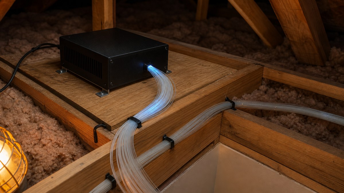Fiber optic star ceiling light engine mounted in an attic with organized fiber bundles running to the ceiling below