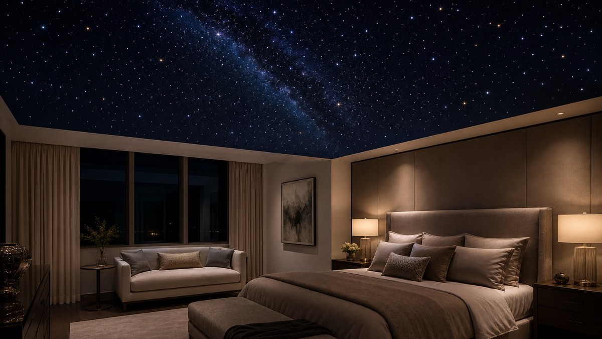 Fiber optic star ceiling vs LED projector comparison: a bedroom with real pinpoint fiber optic stars on a dark navy ceiling