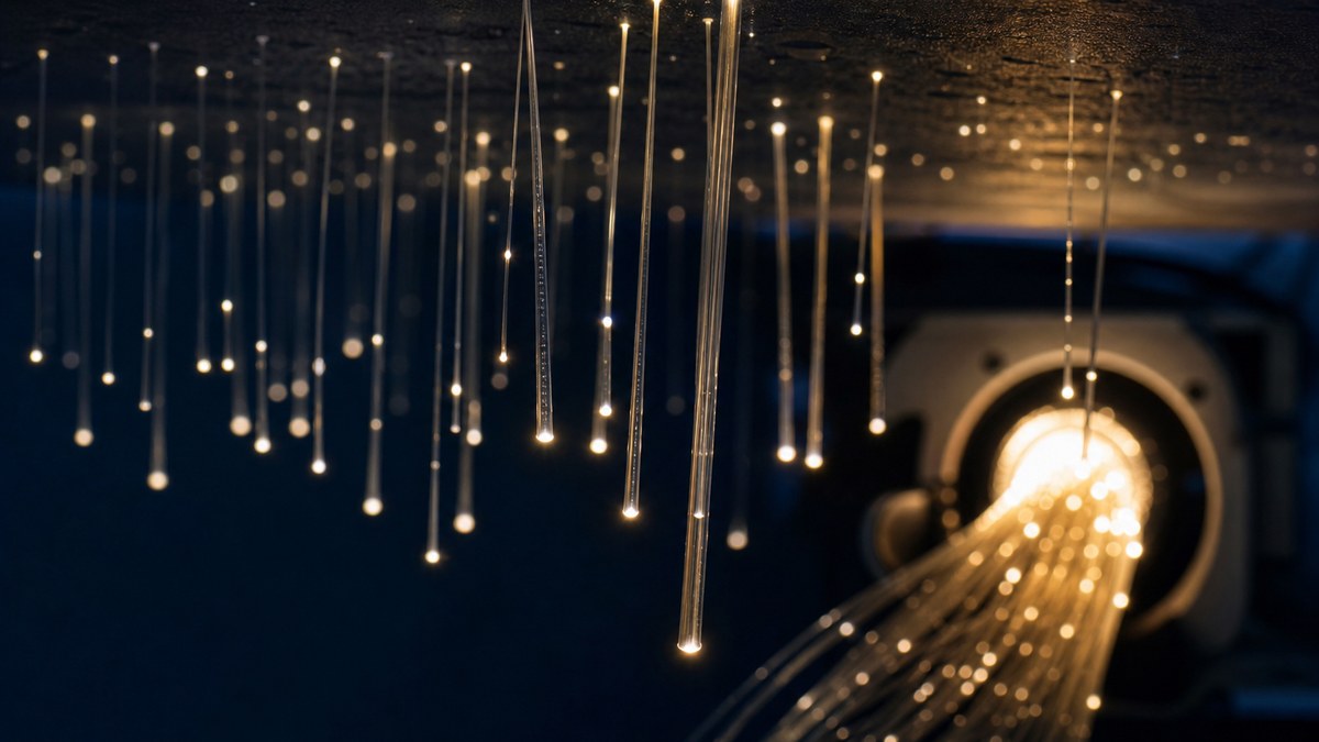Close-up of fiber optic strands of different diameters glowing as stars in a dark ceiling with a light engine bundle