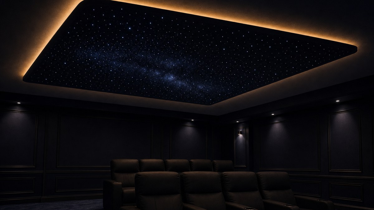 Home theater with a floating fiber optic star ceiling cloud hung below a finished ceiling, with a soft amber halo glow around its edges