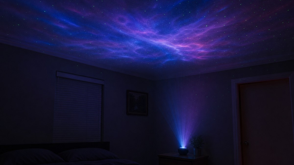 Galaxy projector on a nightstand throwing soft nebula clouds and laser dots onto a bedroom ceiling compared with a fiber optic star ceiling