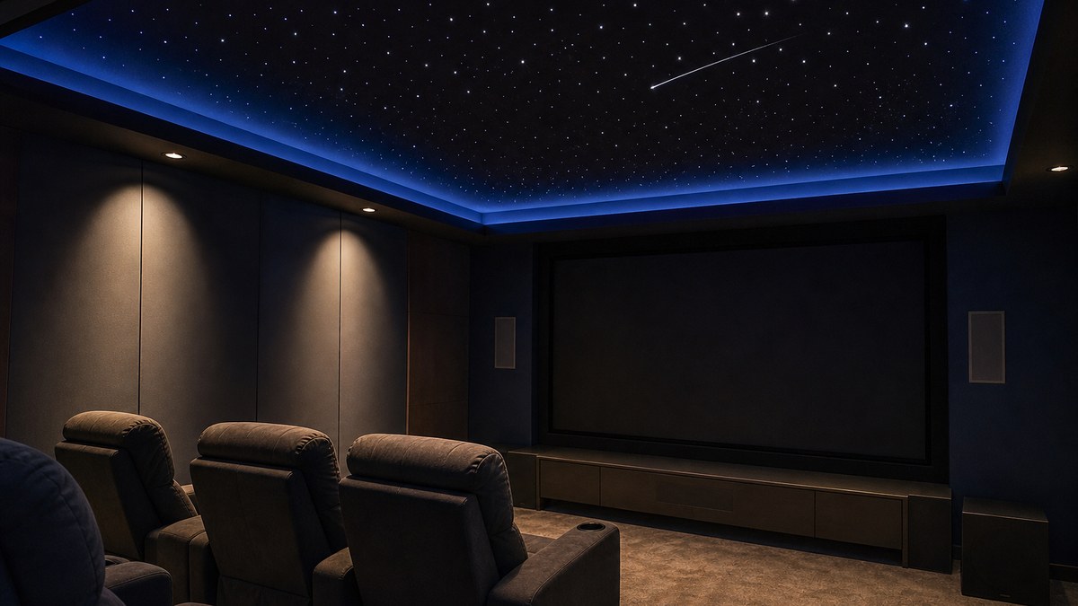 Home theater with acoustic star ceiling panels, a shooting star and soft blue horizon glow around the perimeter