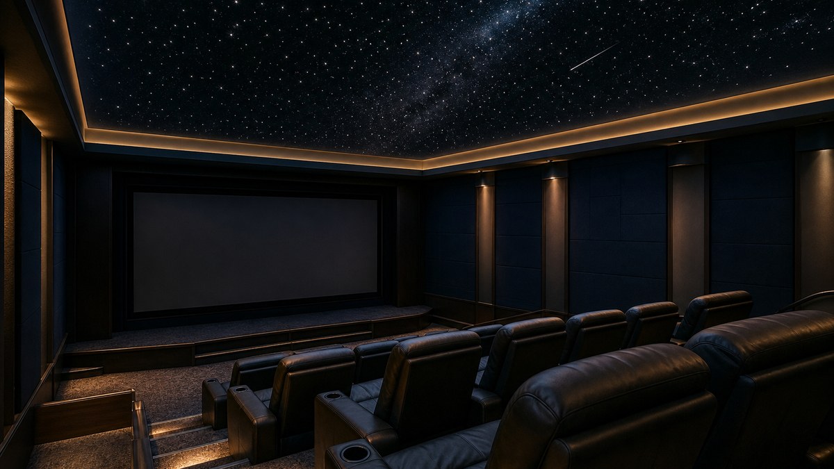 Home theater with a dense fiber optic star ceiling and Milky Way band above the seating, no projector shadows on the ceiling