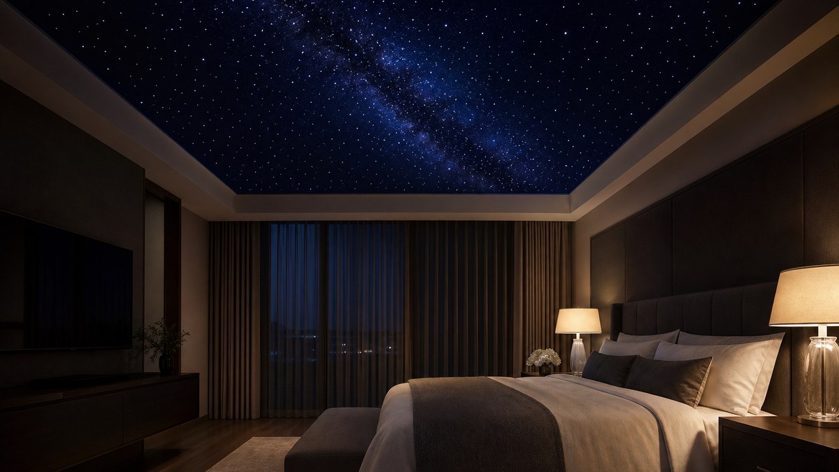 Bedroom with a fiber optic LED star ceiling glowing with twinkling stars and a soft Milky Way band at night
