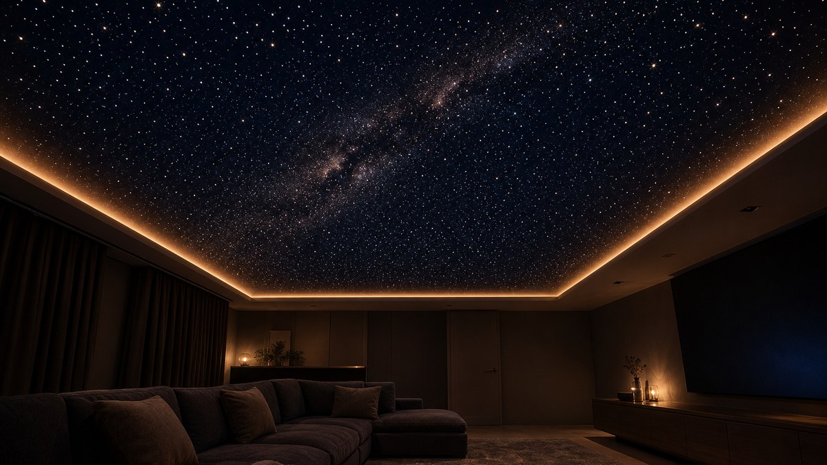 Media room with dark fiber optic star ceiling panels mounted to the drywall ceiling, glowing with twinkling stars