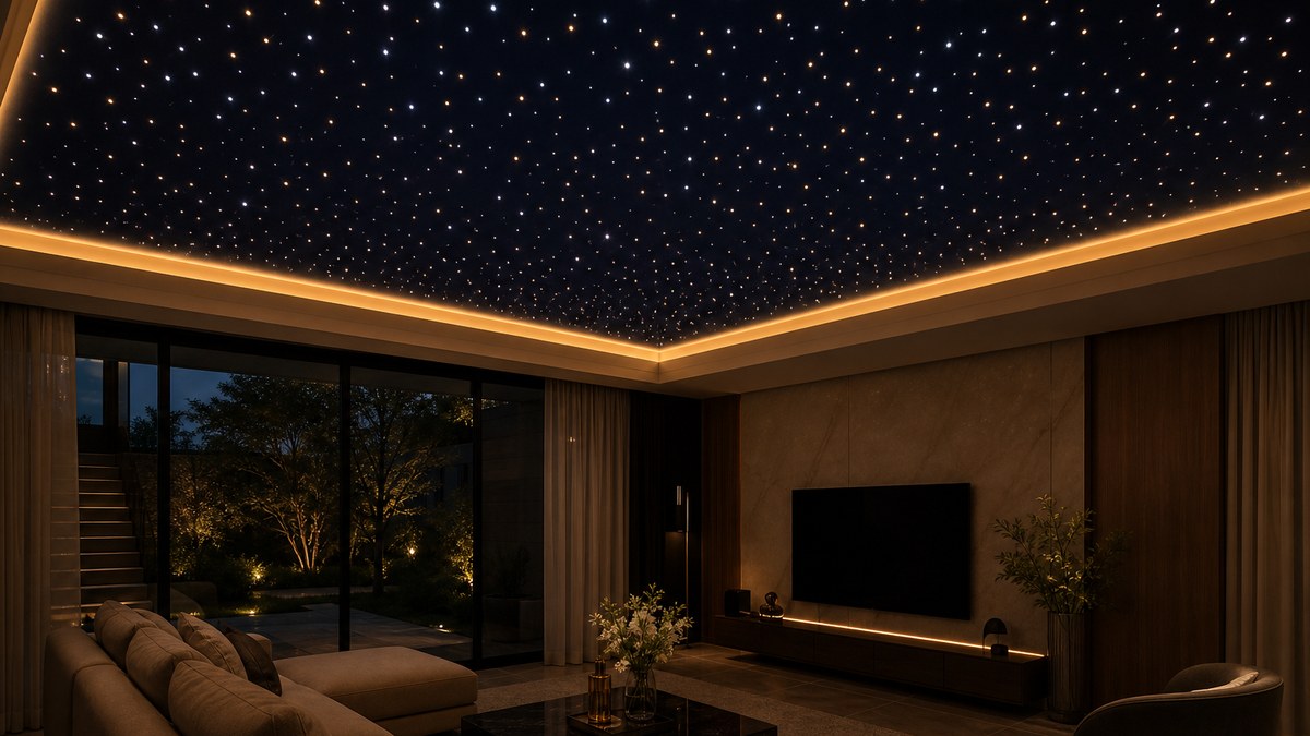 First-floor living room with a fiber optic star ceiling installed without attic access, using a shallow build-down ceiling with a warm cove glow
